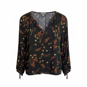 POINT SUR Black Floral Print V Neck Long Sleeve Gathered Cuff Blouse Women's M